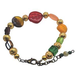 Art Glass and Lava Bead Bracelet Rainbow Colors Lobster Clasp Adjustable